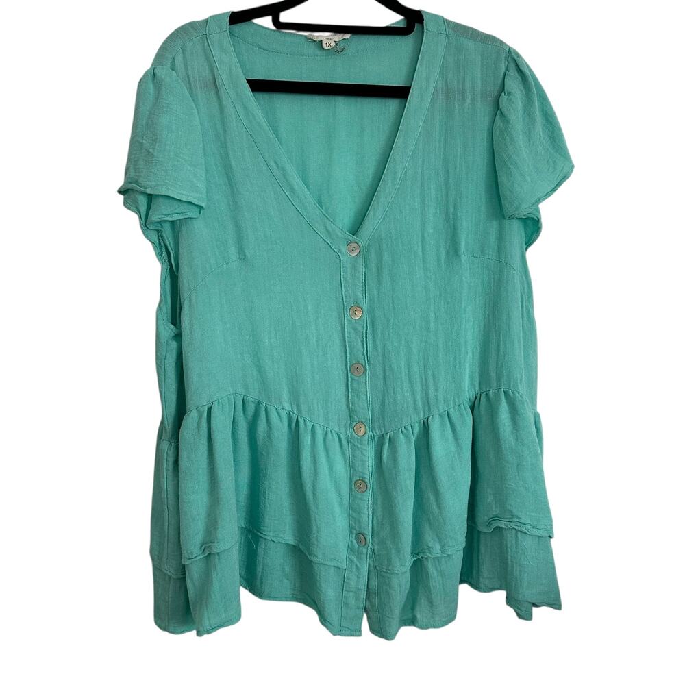 Entro Blue‎ Ruffle Button Front Top Women's Plus Size 1X Blouse Casual